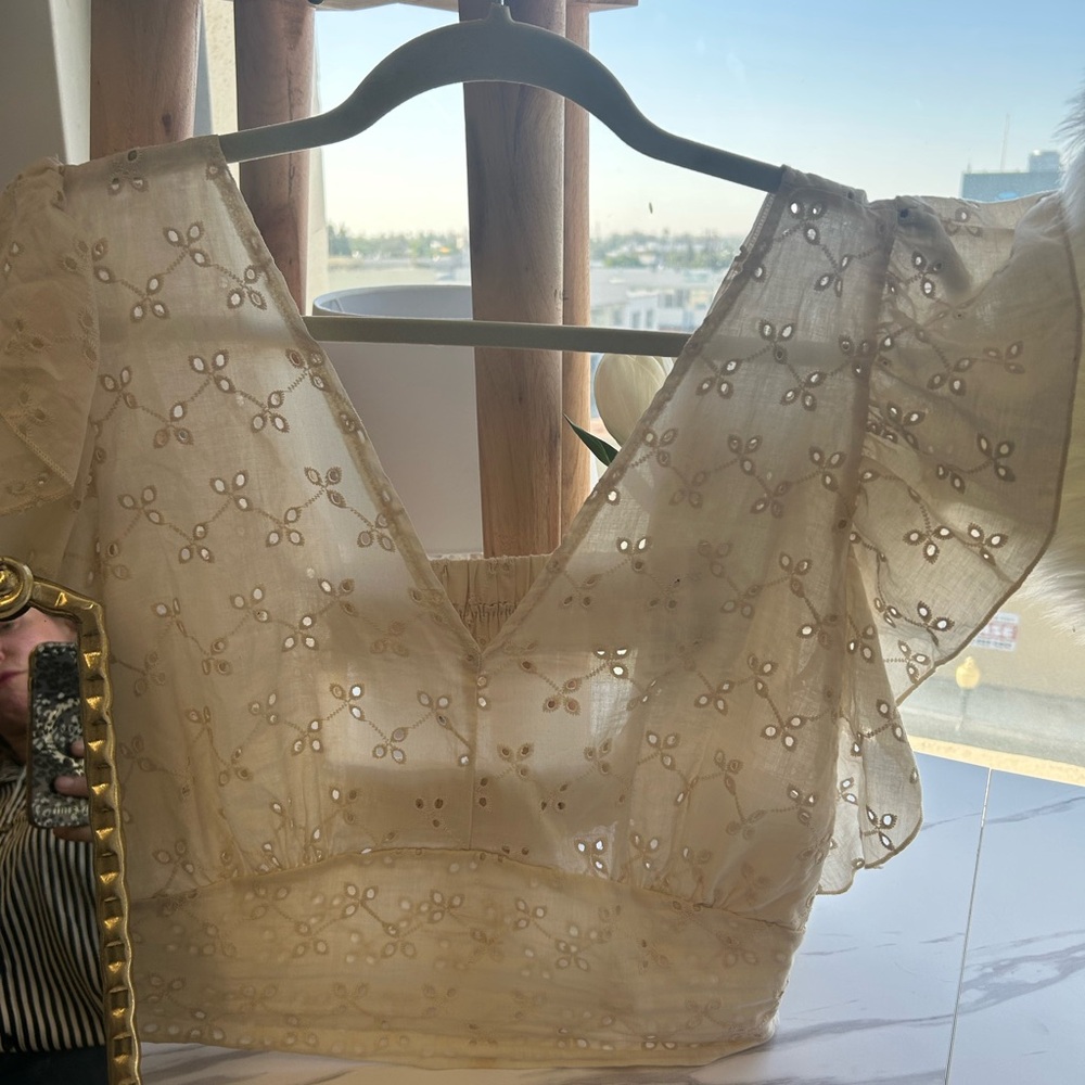 Cream Cropped Blouse with Flutter Sleeves